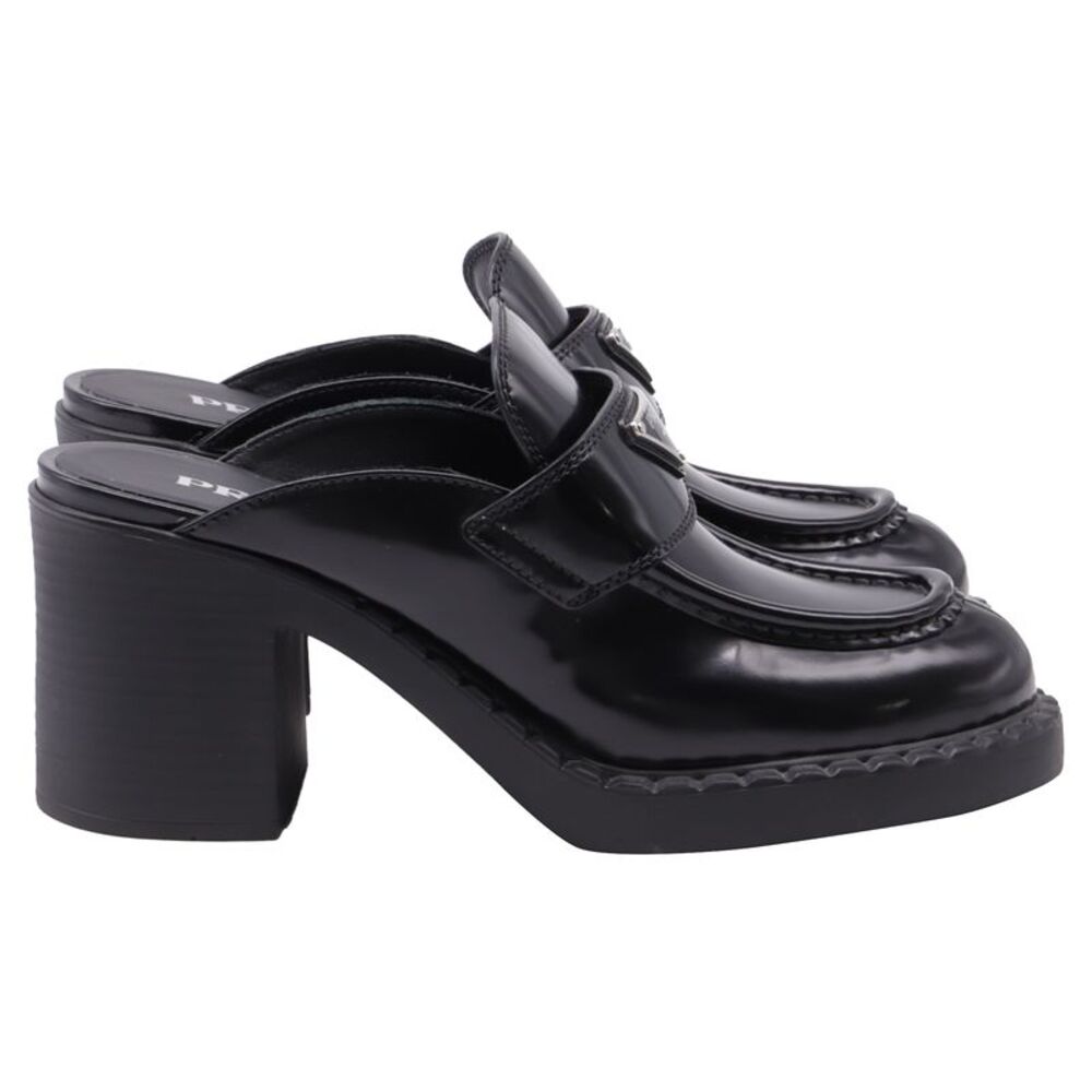 Prada Logo Heeled Loafers in Black Leather